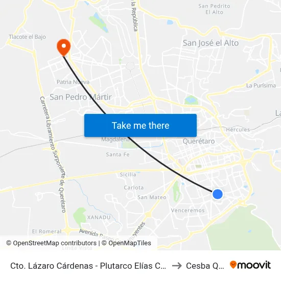 Cto. Lázaro Cárdenas - Plutarco Elías Calles to Cesba Qro. map