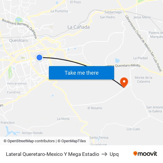 Lateral Queretaro-Mexico Y Mega Estadio to Upq map