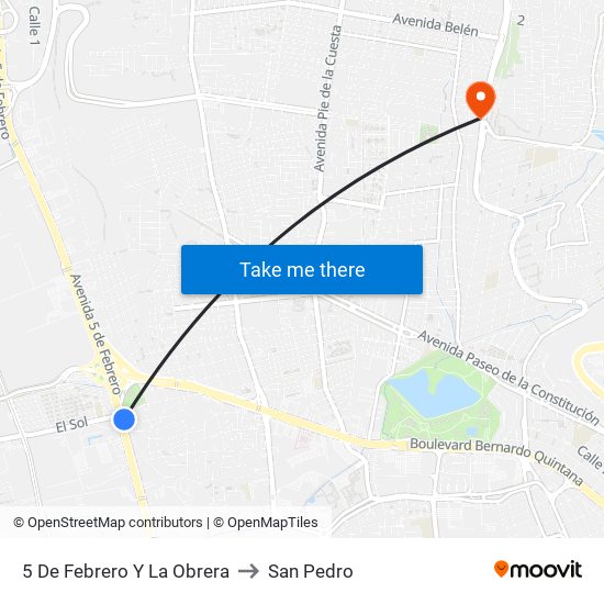 5 De Febrero Y La Obrera to San Pedro map
