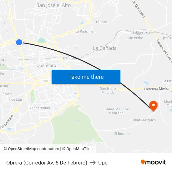 Obrera (Corredor Av. 5 De Febrero) to Upq map