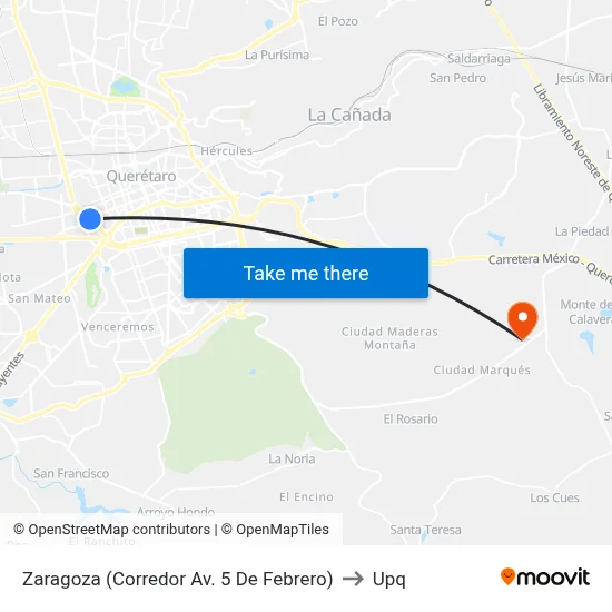 Zaragoza (Corredor Av. 5 De Febrero) to Upq map