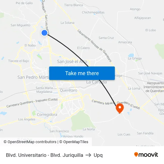 Blvd. Universitario - Blvd. Juriquilla to Upq map