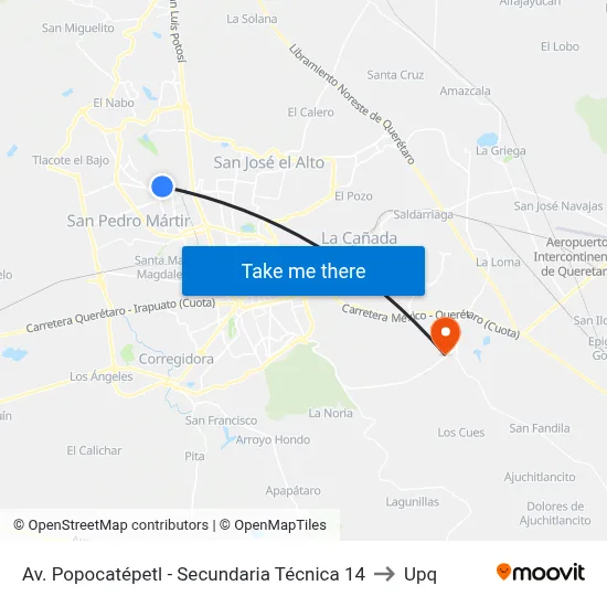 Av. Popocatépetl - Secundaria Técnica 14 to Upq map