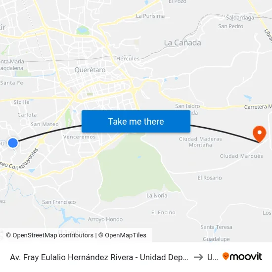 Av. Fray Eulalio Hernández Rivera - Unidad Deportiva El Pueblito to Upq map
