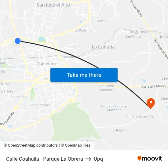 Calle Coahuila - Parque La Obrera to Upq map