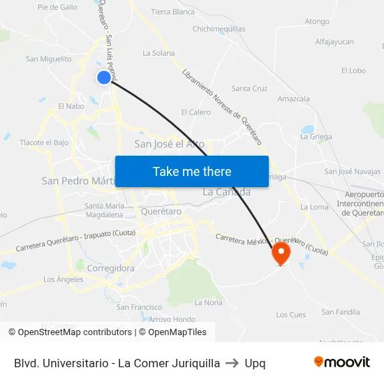 Blvd. Universitario - La Comer Juriquilla to Upq map