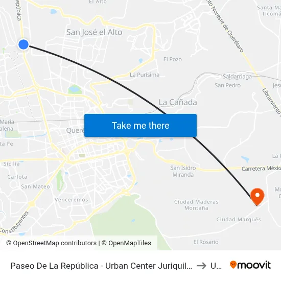 Paseo De La República - Urban Center Juriquilla to Upq map