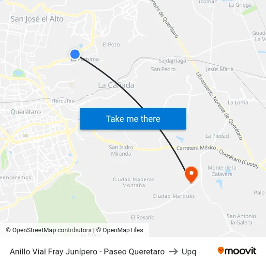 Anillo Vial Fray Junípero - Paseo Queretaro to Upq map