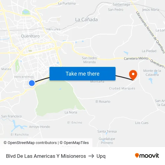 Blvd De Las Americas Y Misioneros to Upq map