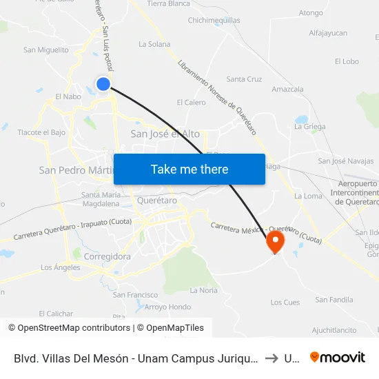 Blvd. Villas Del Mesón - Unam Campus Juriquilla to Upq map