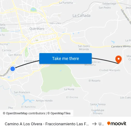 Camino A Los Olvera - Fraccionamiento Las Fuentes to Upq map