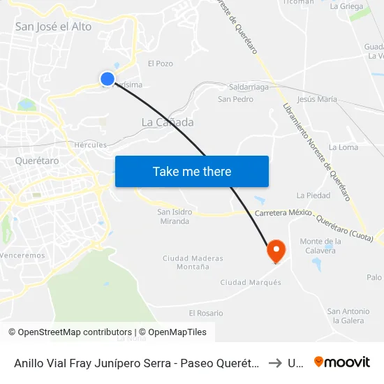 Anillo Vial Fray Junípero Serra - Paseo Querétaro to Upq map