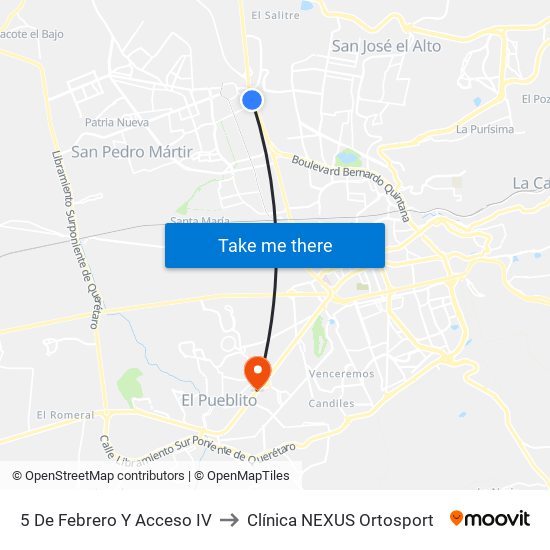 5 De Febrero Y Acceso IV to Clínica NEXUS Ortosport map