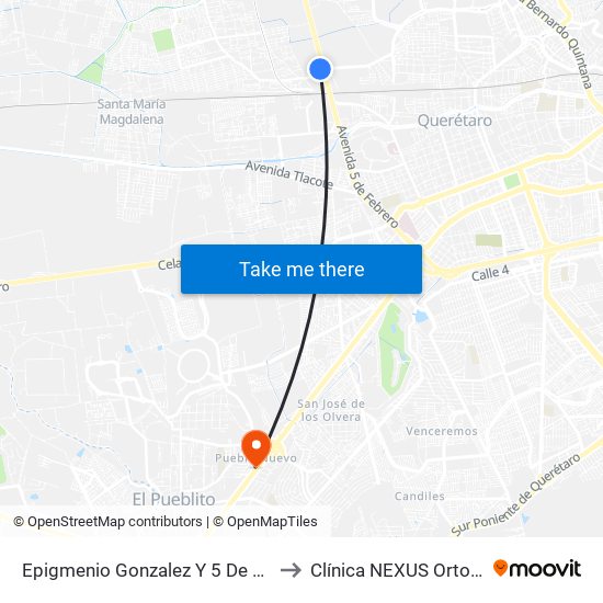 Epigmenio Gonzalez Y 5 De Febrero to Clínica NEXUS Ortosport map