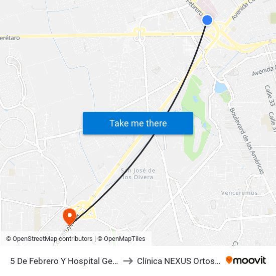 5 De Febrero Y Hospital General to Clínica NEXUS Ortosport map
