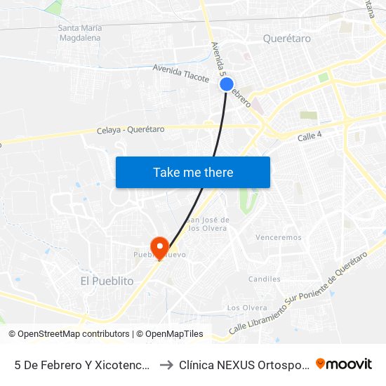 5 De Febrero Y Xicotencatl to Clínica NEXUS Ortosport map