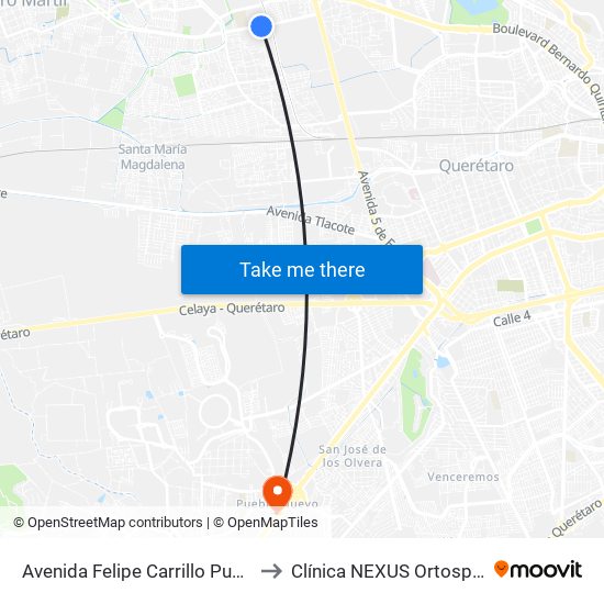 Avenida Felipe Carrillo Puerto to Clínica NEXUS Ortosport map