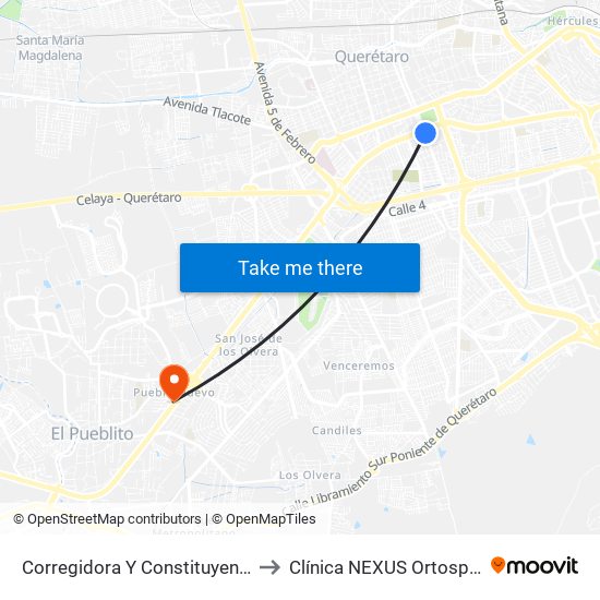 Corregidora Y Constituyentes to Clínica NEXUS Ortosport map