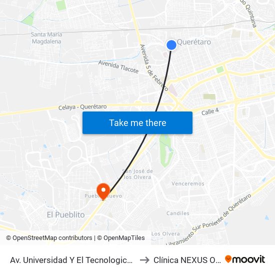 Av. Universidad Y El Tecnologico De Queretaro to Clínica NEXUS Ortosport map