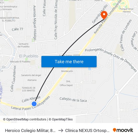 Heroico Colegio Militar, 86b to Clínica NEXUS Ortosport map