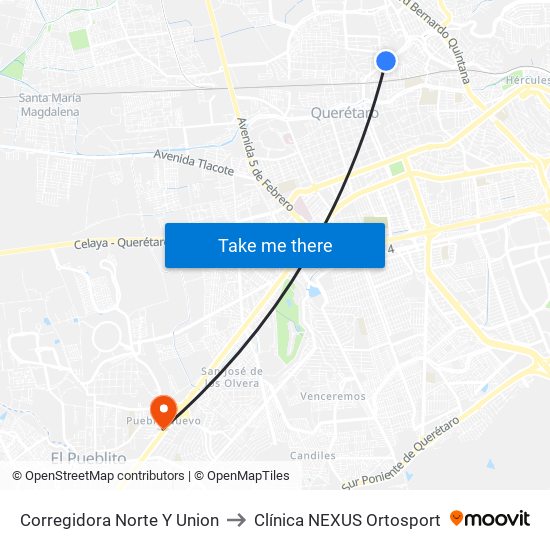 Corregidora Norte Y Union to Clínica NEXUS Ortosport map