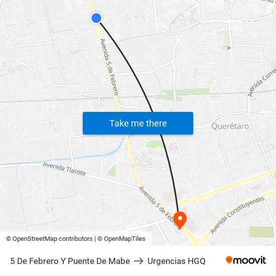 5 De Febrero Y Puente De Mabe to Urgencias HGQ map