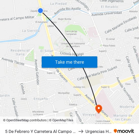 5 De Febrero Y Carretera Al Campo Militar to Urgencias HGQ map