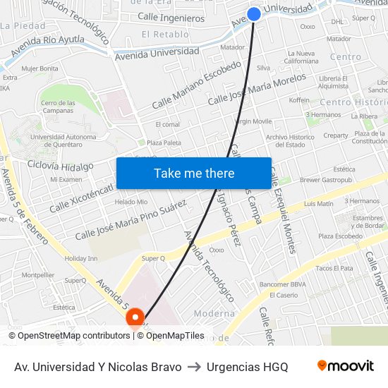 Av. Universidad Y Nicolas Bravo to Urgencias HGQ map