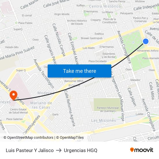 Luis Pasteur Y Jalisco to Urgencias HGQ map