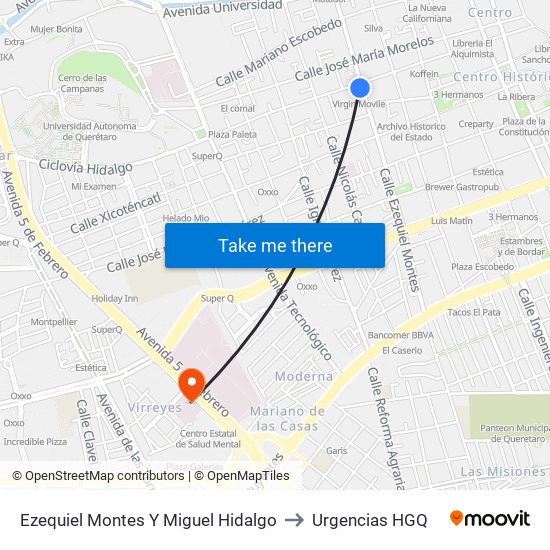 Ezequiel Montes Y Miguel Hidalgo to Urgencias HGQ map
