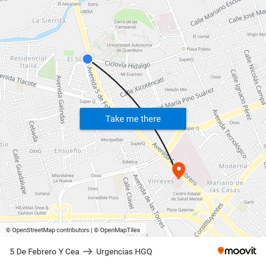 5 De Febrero Y Cea to Urgencias HGQ map