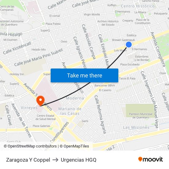 Zaragoza Y Coppel to Urgencias HGQ map