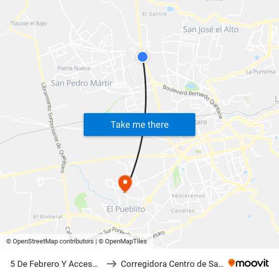 5 De Febrero Y Acceso IV to Corregidora Centro de Salud map