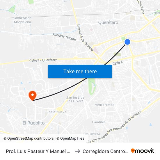 Prol. Luis Pasteur Y Manuel Gomez Morin to Corregidora Centro de Salud map