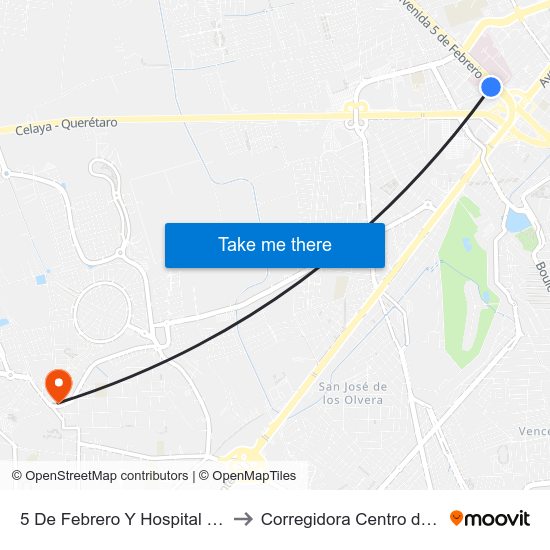 5 De Febrero Y Hospital General to Corregidora Centro de Salud map