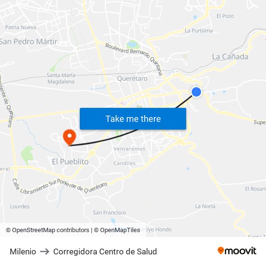 Milenio to Corregidora Centro de Salud map