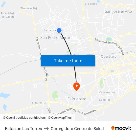 Estacion Las Torres to Corregidora Centro de Salud map