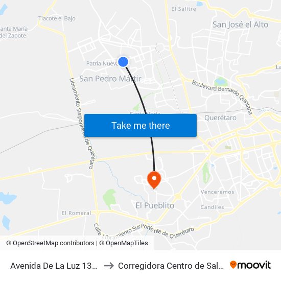 Avenida De La Luz 1323 to Corregidora Centro de Salud map