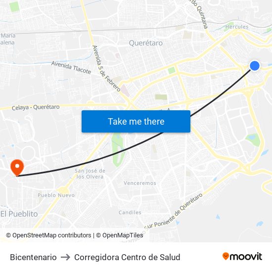Bicentenario to Corregidora Centro de Salud map