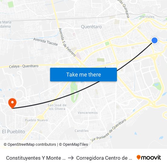 Constituyentes Y Monte Sinai to Corregidora Centro de Salud map