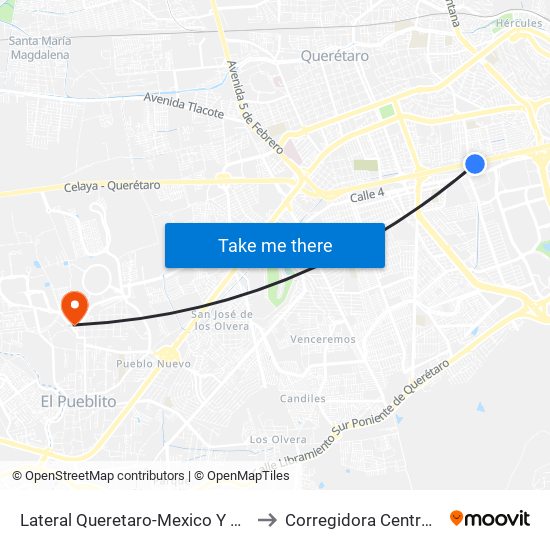 Lateral Queretaro-Mexico Y Mega Estadio to Corregidora Centro de Salud map