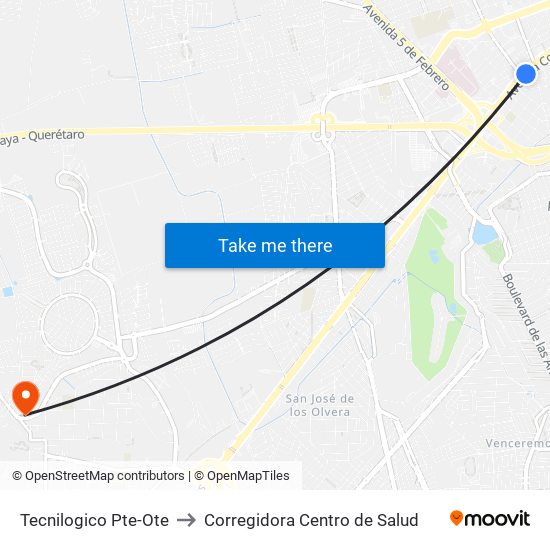 Tecnilogico Pte-Ote to Corregidora Centro de Salud map