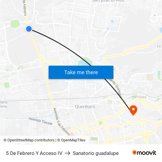 5 De Febrero Y Acceso IV to Sanatorio guadalupe map