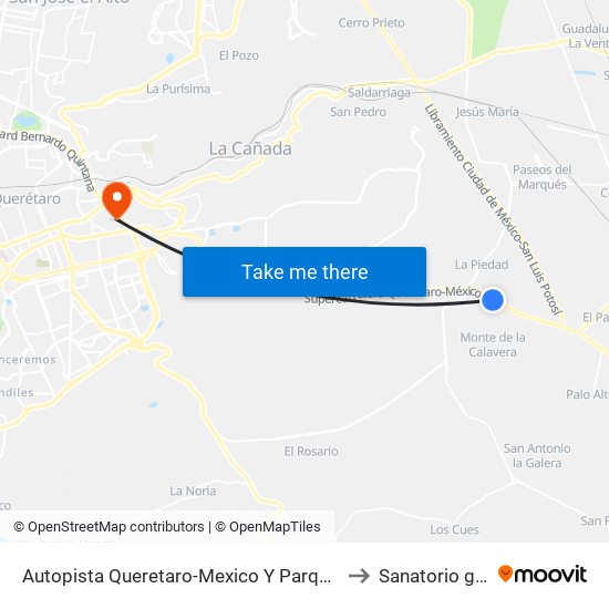 Autopista Queretaro-Mexico Y Parque Industrial El Marques to Sanatorio guadalupe map