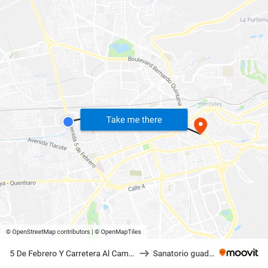 5 De Febrero Y Carretera Al Campo Militar to Sanatorio guadalupe map