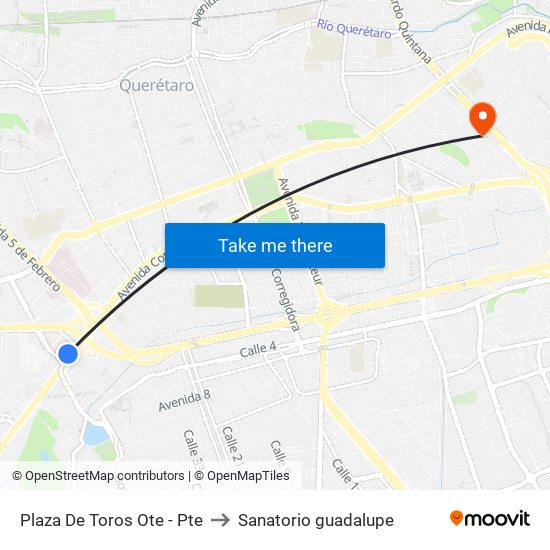 Plaza De Toros Ote - Pte to Sanatorio guadalupe map