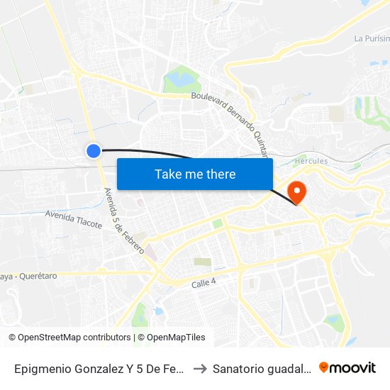 Epigmenio Gonzalez Y 5 De Febrero to Sanatorio guadalupe map