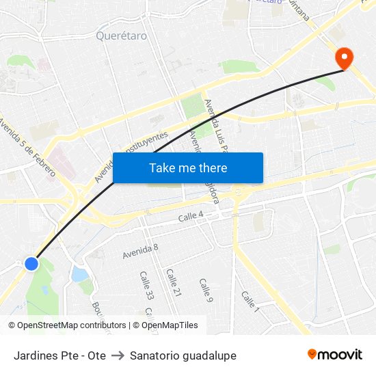 Jardines Pte - Ote to Sanatorio guadalupe map