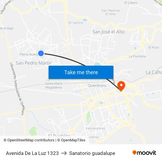 Avenida De La Luz 1323 to Sanatorio guadalupe map
