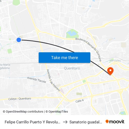 Felipe Carrillo Puerto Y Revolución to Sanatorio guadalupe map